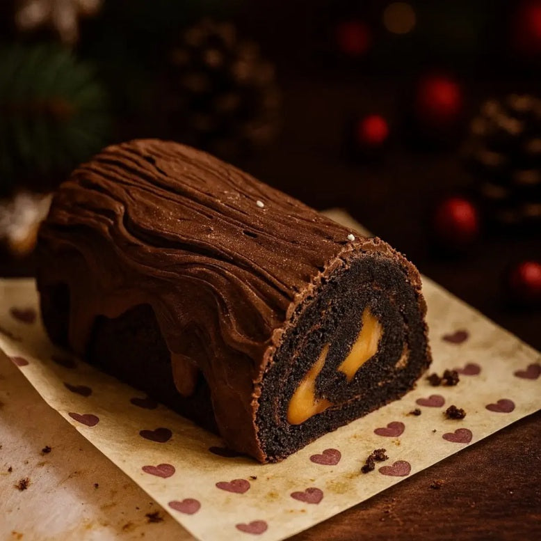 Brownie Yule Log with Salted Caramel Filling